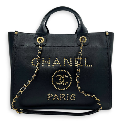 Deauville Black Tote Bag in Calfskin, Gold hardware