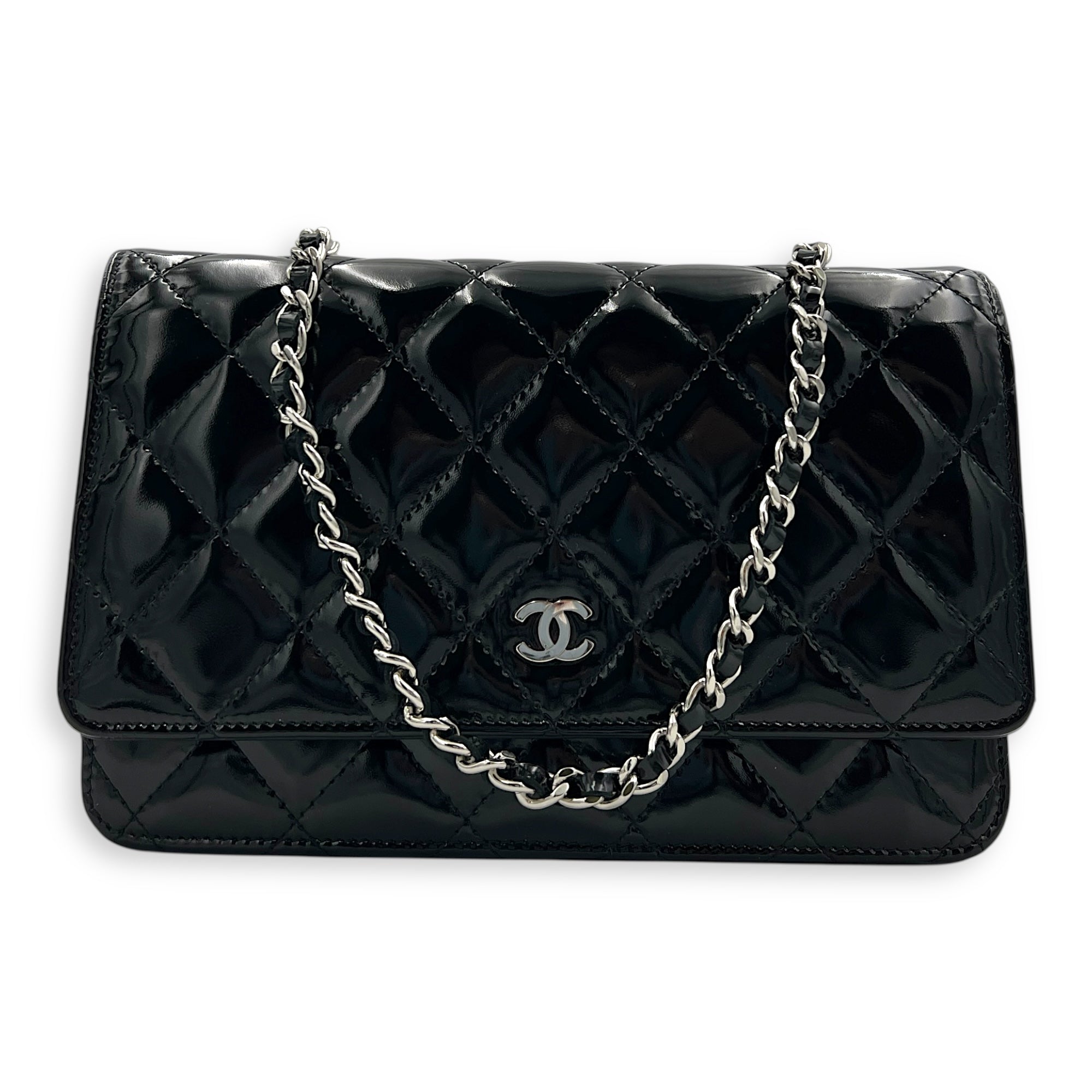 Wallet on Chain Crossbody Bag Black in Patent Leather, Silver hardware