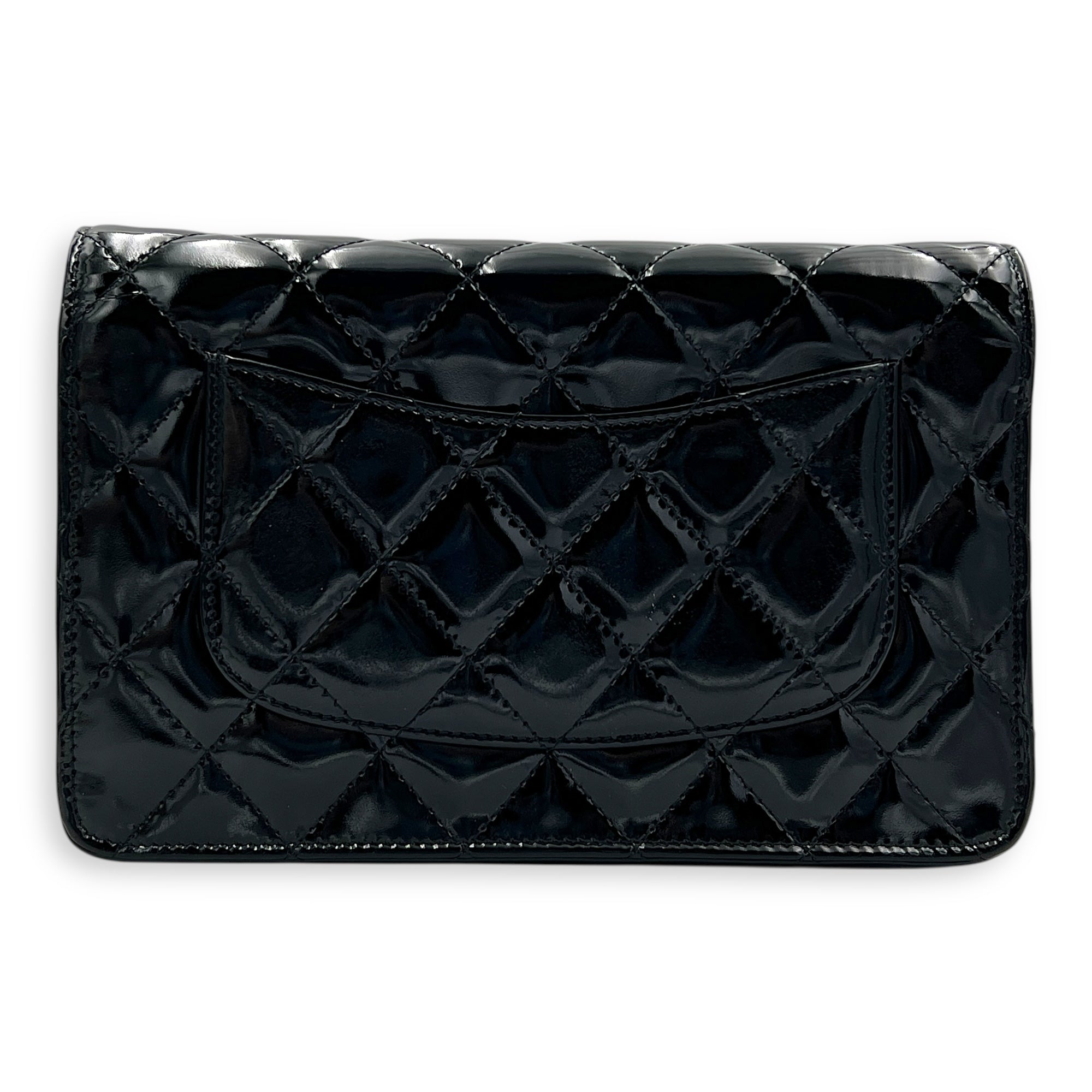 Wallet on Chain Crossbody Bag Black in Patent Leather, Silver hardware