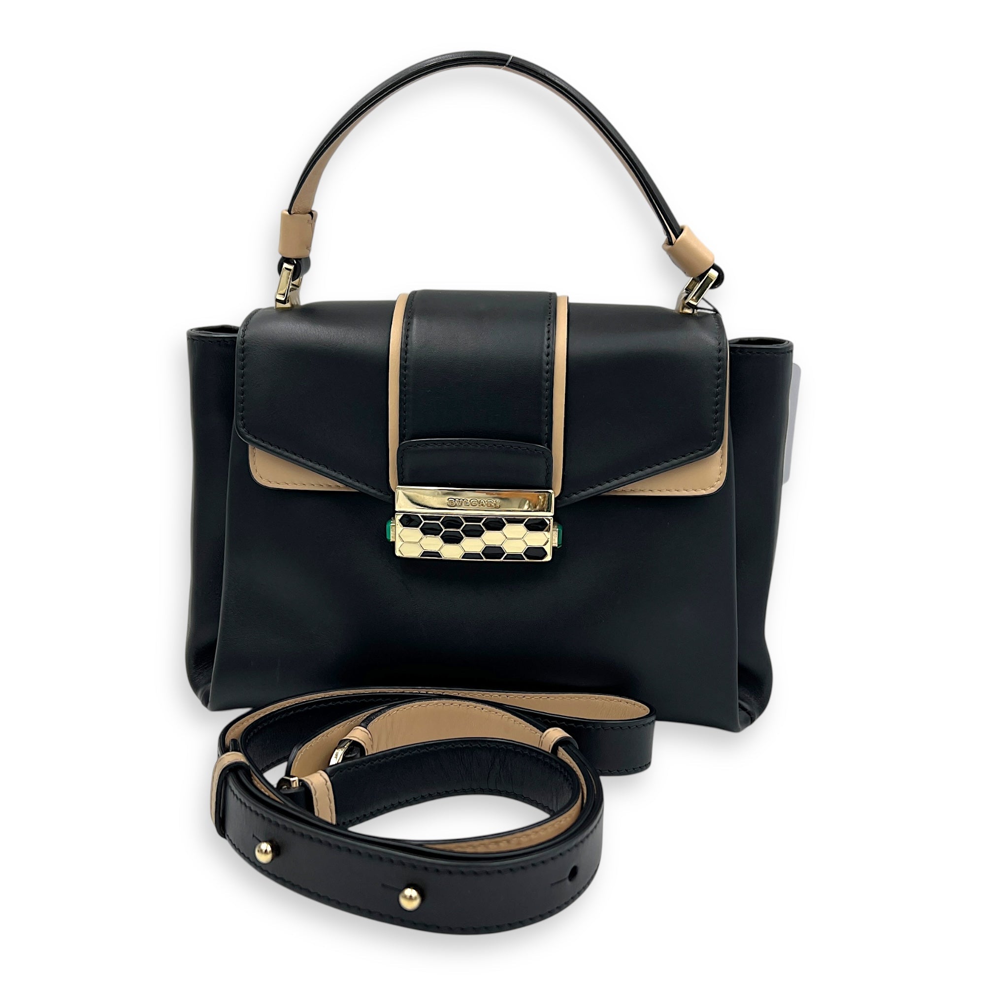 Serpenti Top Handle Bag Black in Calfskin, Gold hardware