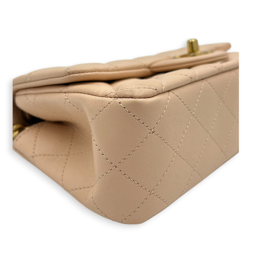 Rectangle with Adjustable Camelia Flower Mini Peach Crossbody Bag in Lambskin, Gold hardware