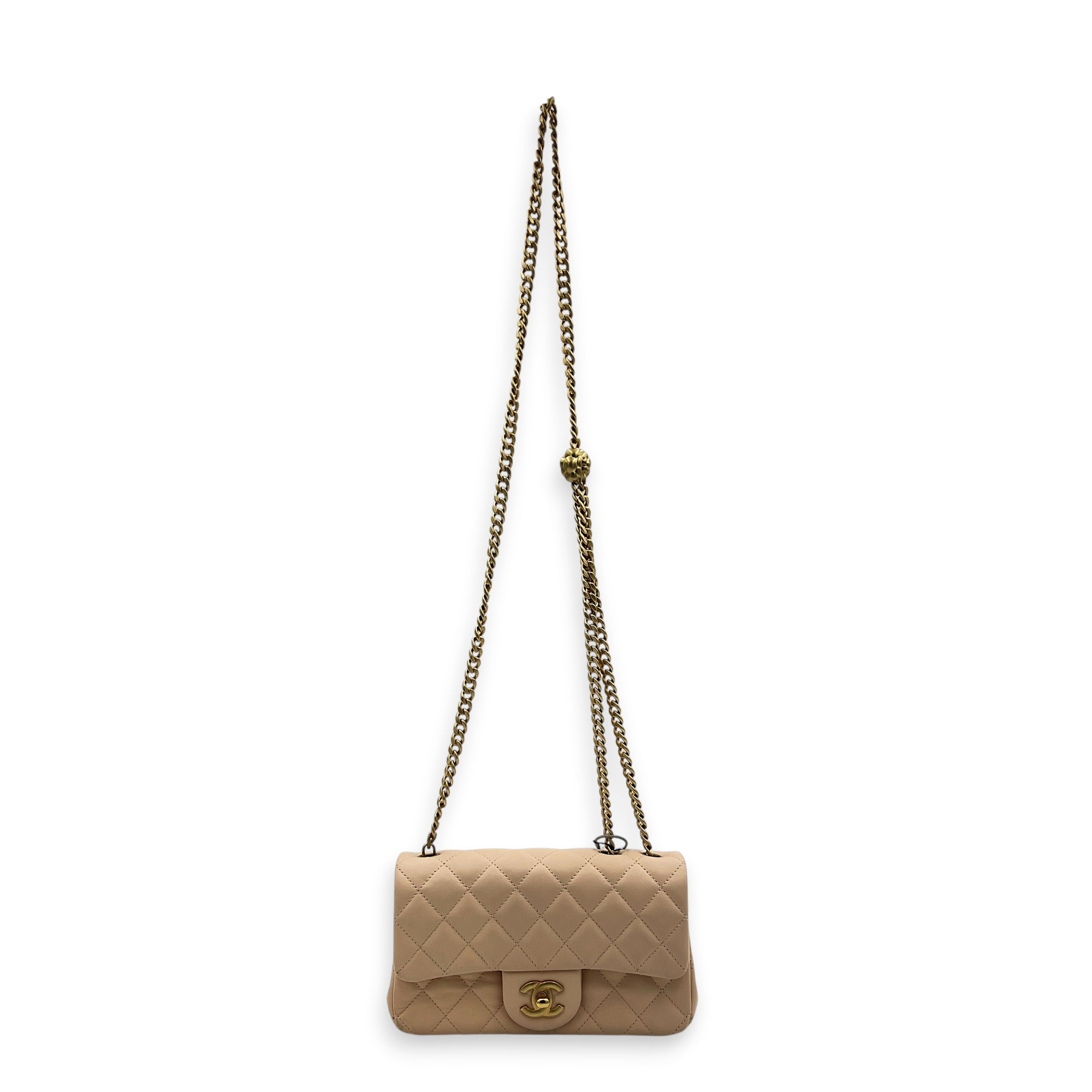 Rectangle with Adjustable Camelia Flower Mini Peach Crossbody Bag in Lambskin, Gold hardware