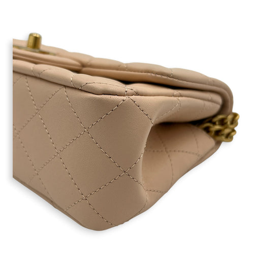 Rectangle with Adjustable Camelia Flower Mini Peach Crossbody Bag in Lambskin, Gold hardware