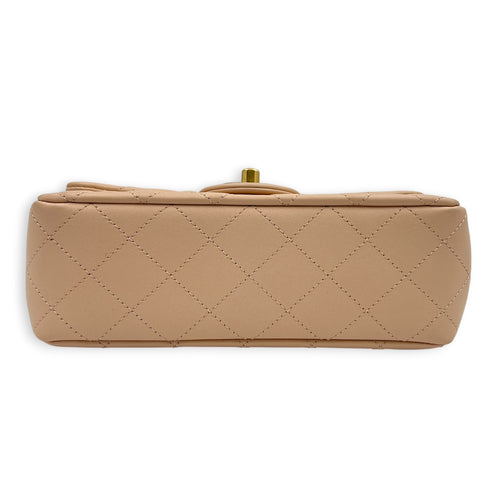 Rectangle with Adjustable Camelia Flower Mini Peach Crossbody Bag in Lambskin, Gold hardware