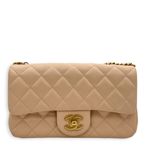 Rectangle with Adjustable Camelia Flower Mini Peach Crossbody Bag in Lambskin, Gold hardware