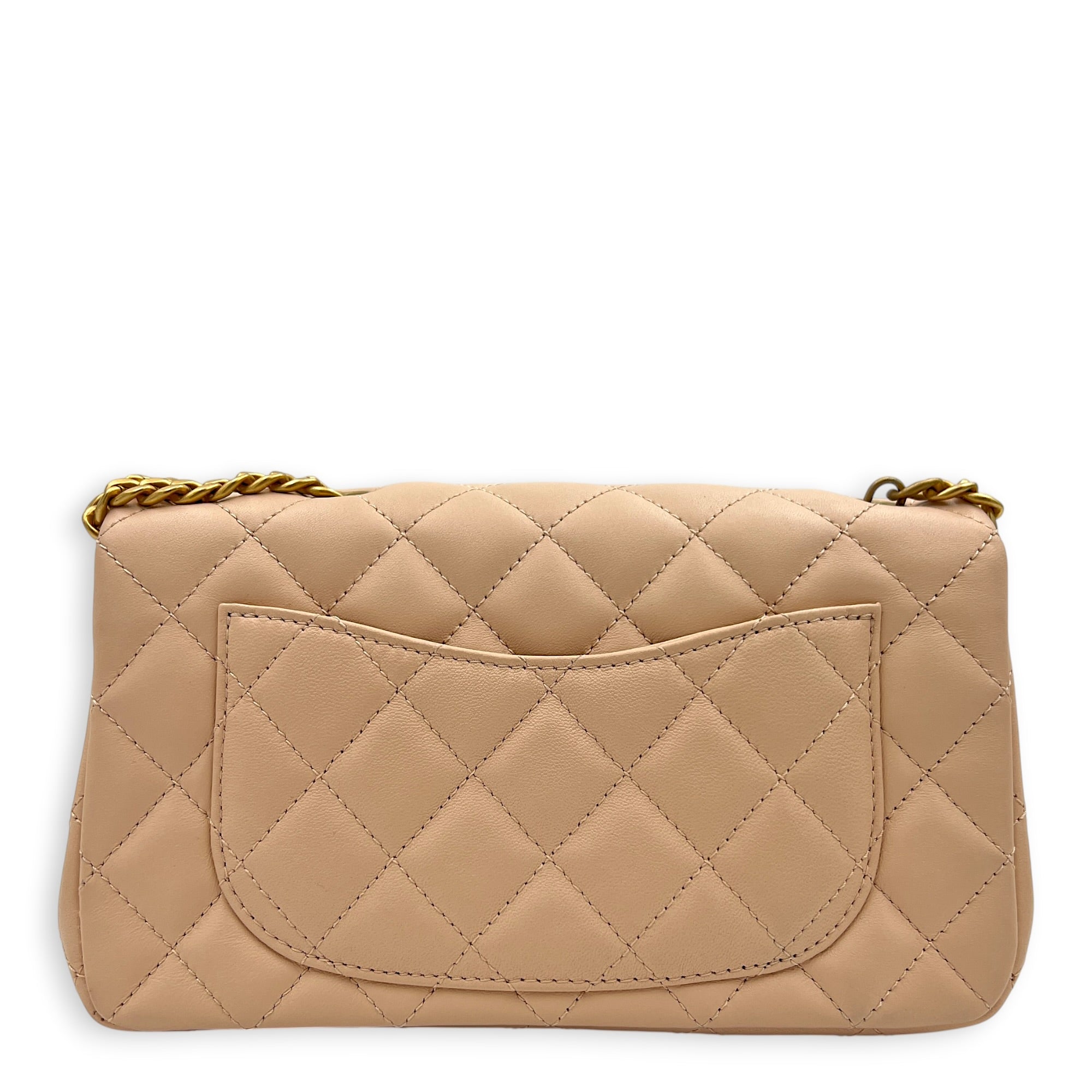 Rectangle with Adjustable Camelia Flower Mini Peach Crossbody Bag in Lambskin, Gold hardware