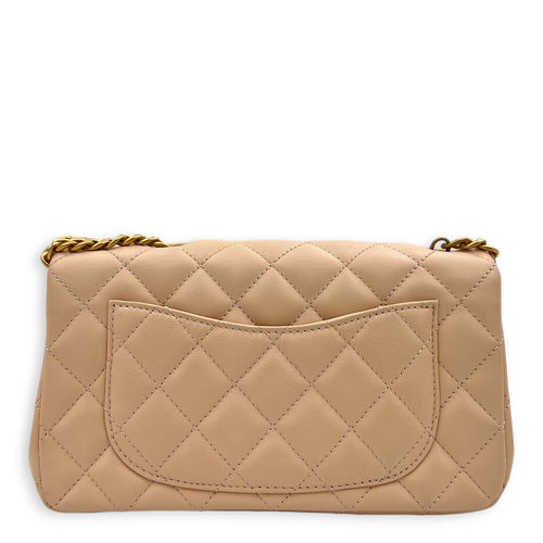Rectangle with Adjustable Camelia Flower Mini Peach Crossbody Bag in Lambskin, Gold hardware