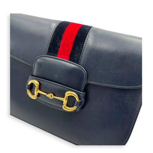 Horsebit 1955 Medium Blue Shoulder Bag in Calfskin, Gold hardware