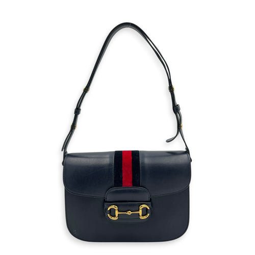 Horsebit 1955 Medium Blue Shoulder Bag in Calfskin, Gold hardware