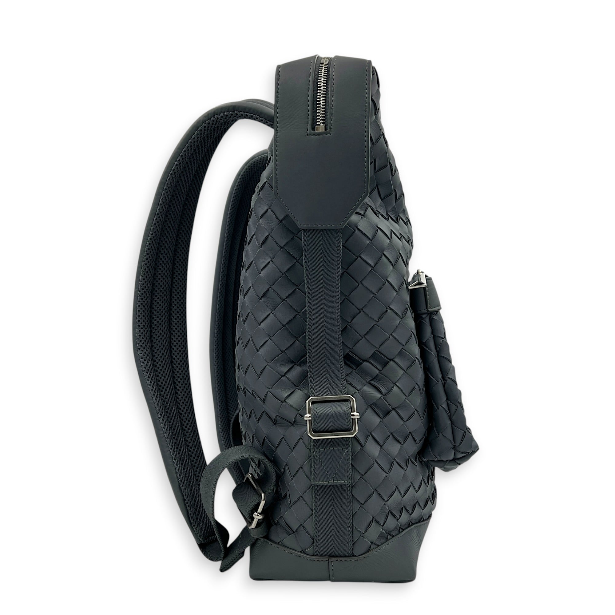 Intrecciato Backpack Grey in Calfskin, Silver hardware