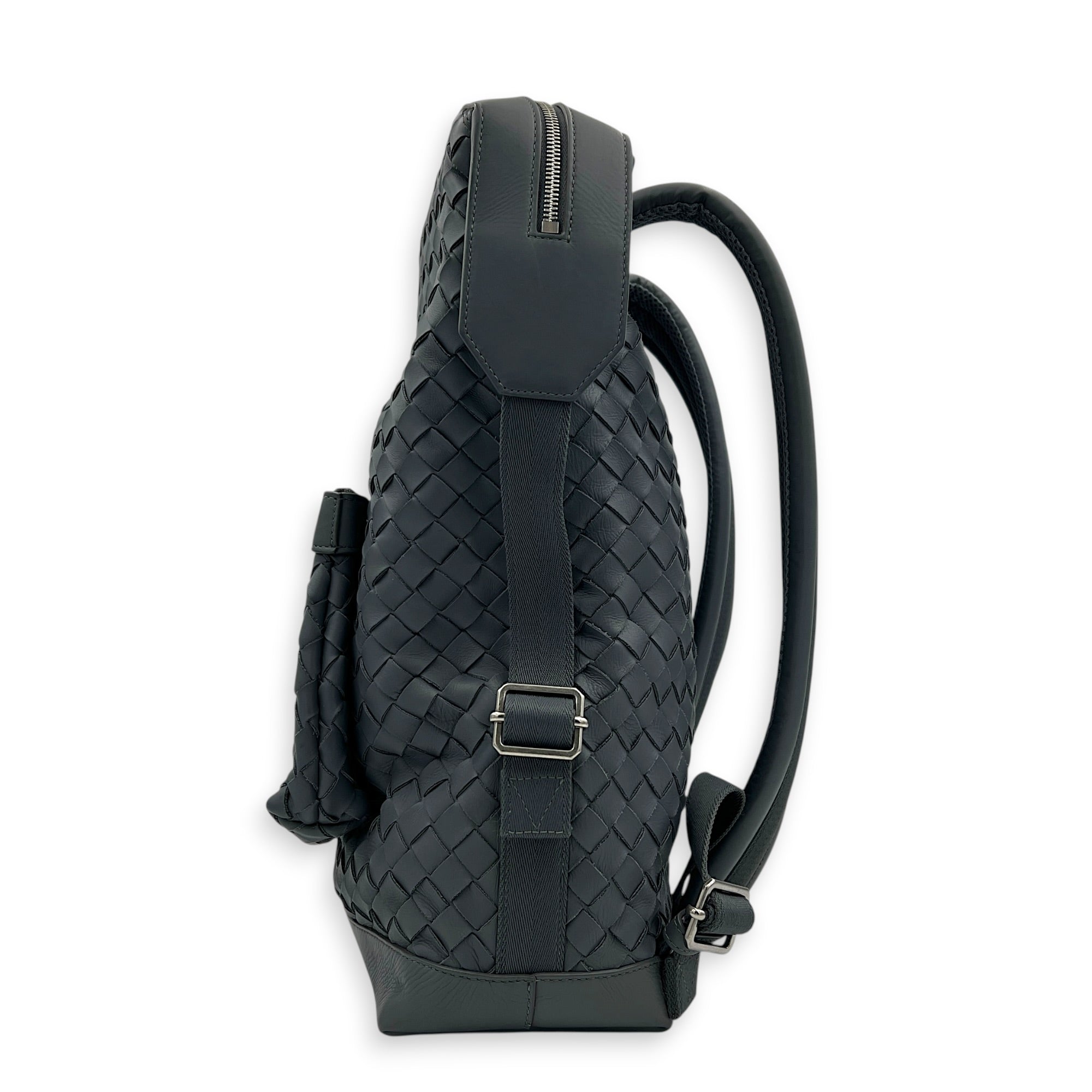 Intrecciato Backpack Grey in Calfskin, Silver hardware