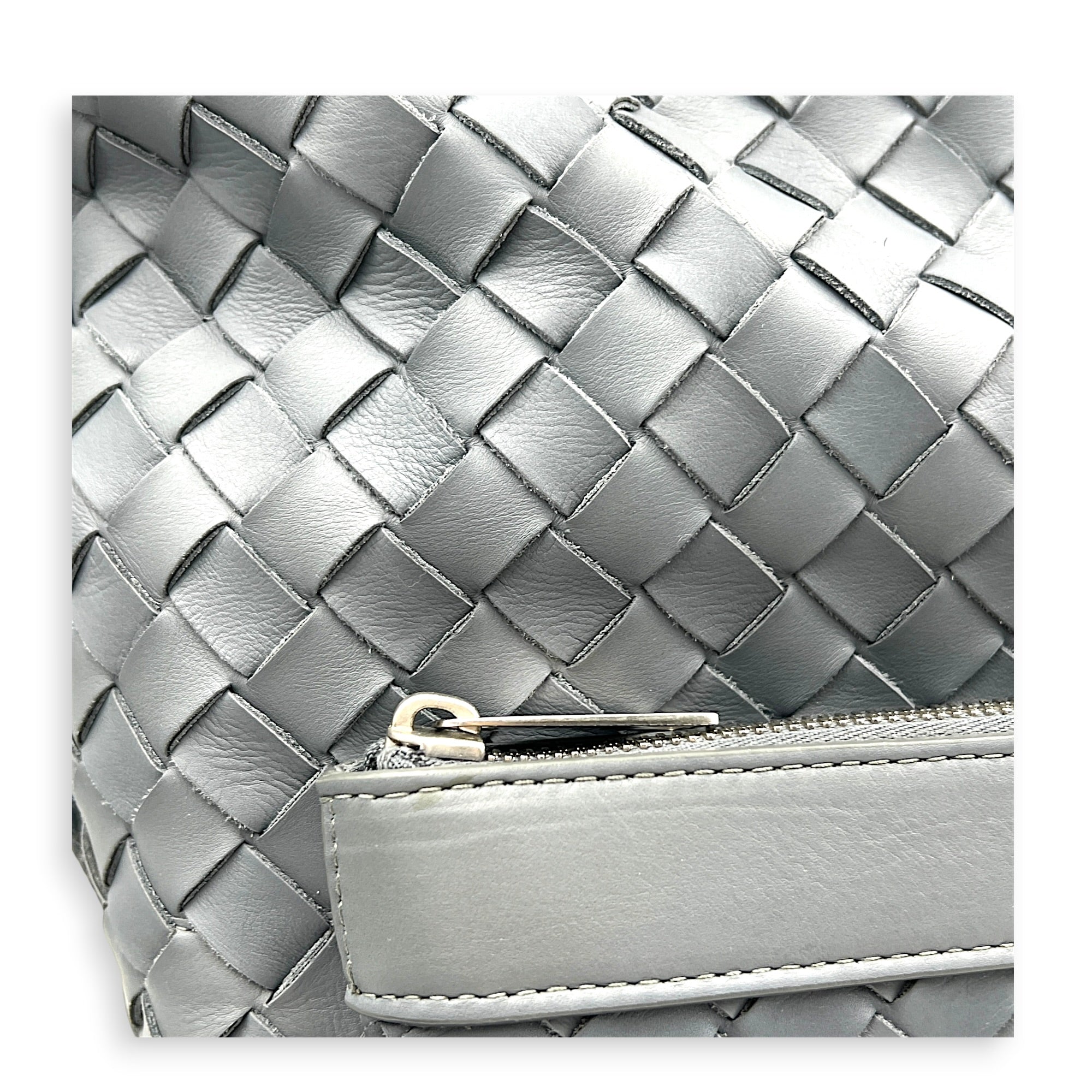 Intrecciato Backpack Grey in Calfskin, Silver hardware