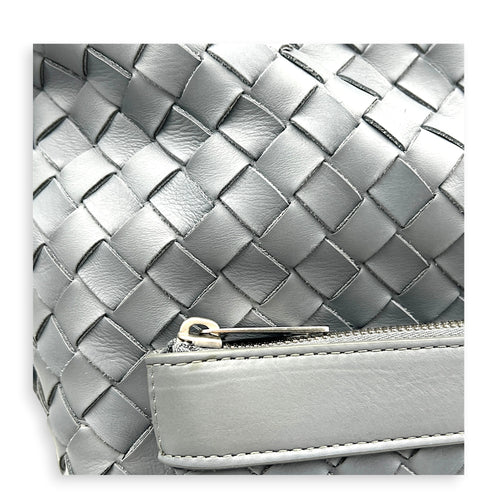 Intrecciato Backpack Grey in Calfskin, Silver hardware