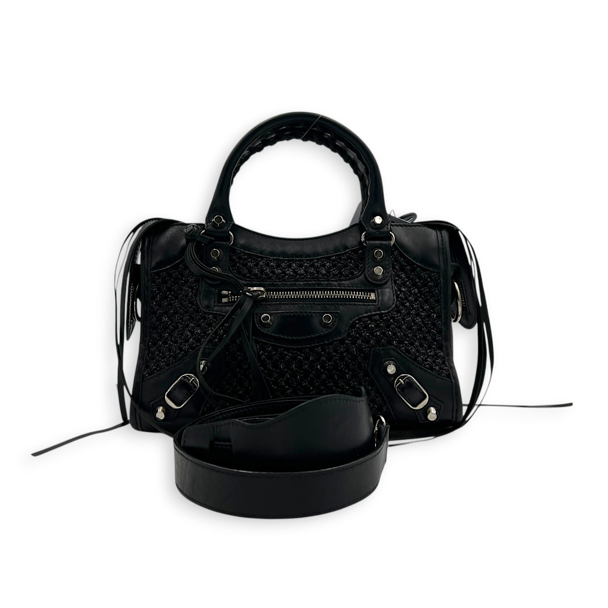 City Mini Woven Top Handle Bag in Mixed Calfskin, Silver hardware