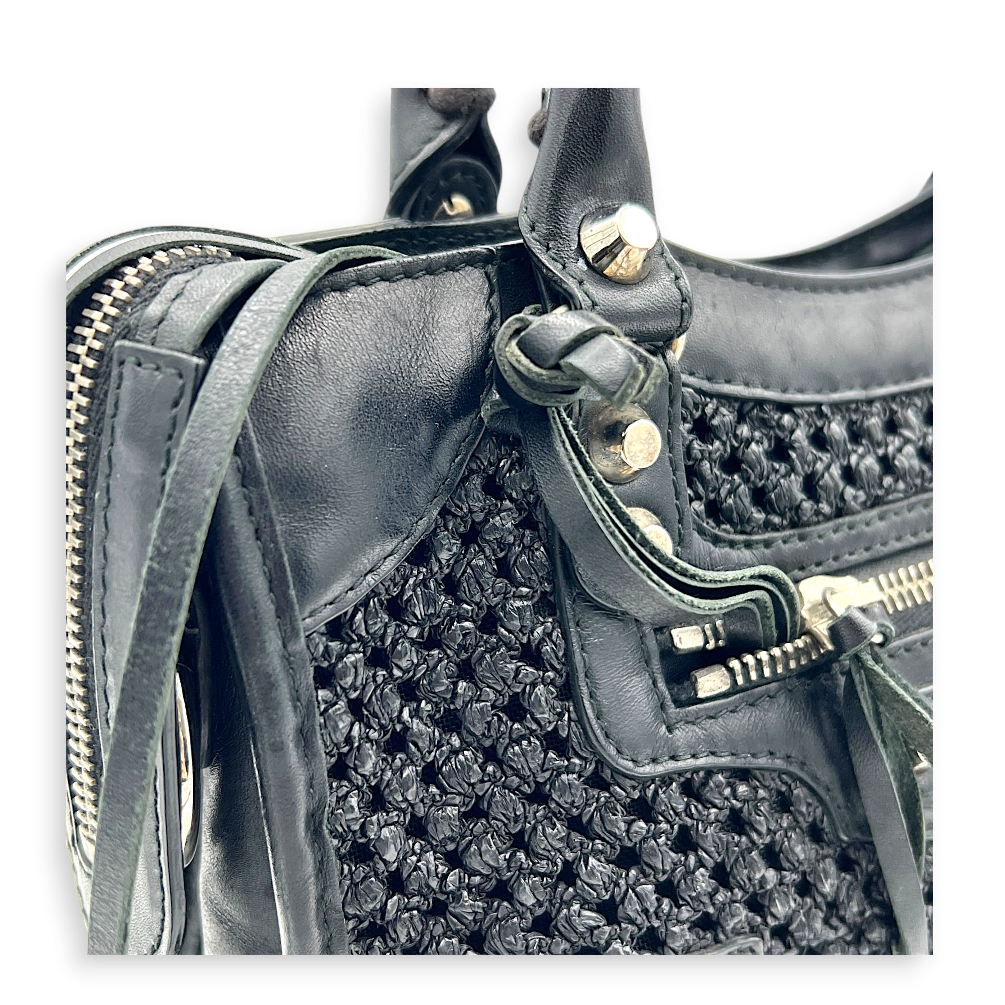City Mini Woven Top Handle Bag in Mixed Calfskin, Silver hardware