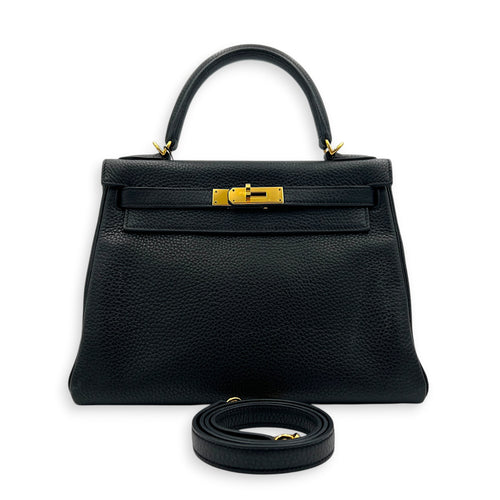 Kelly 28 Noir Top Handle Bag in Clemence, Gold hardware