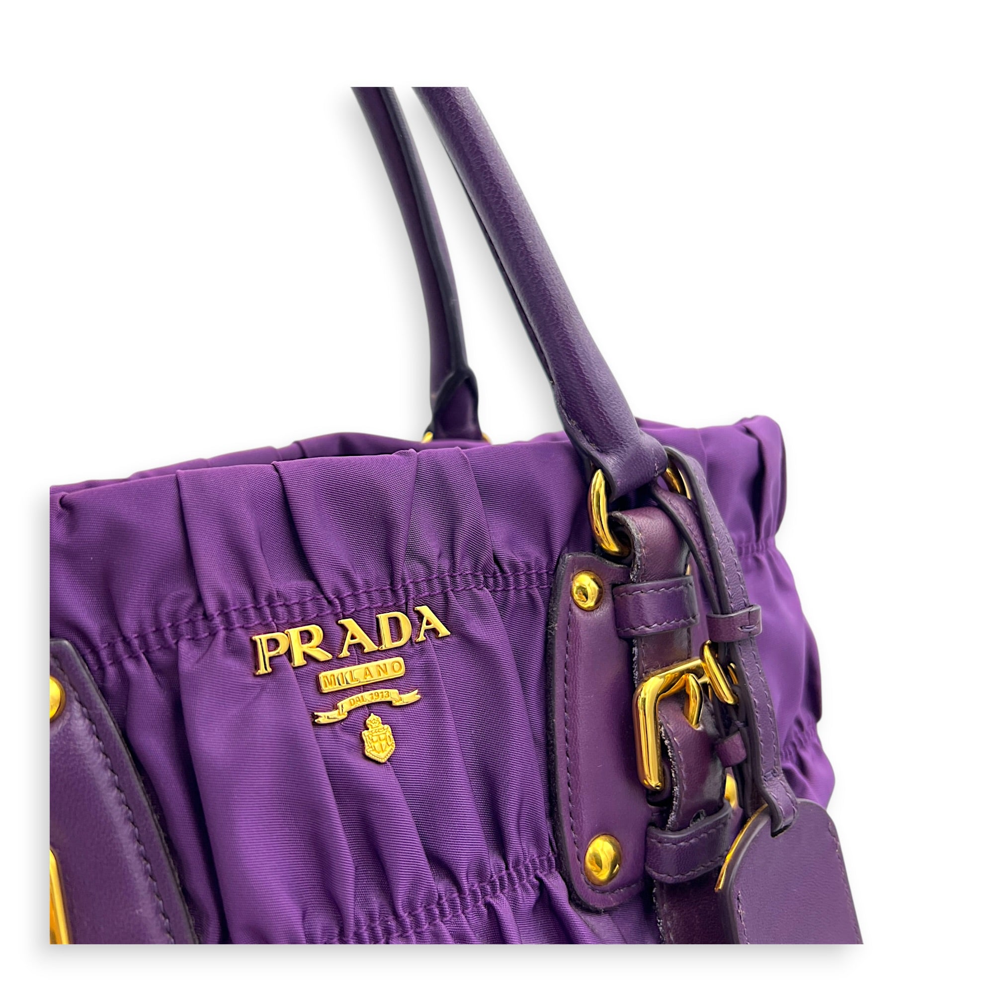 Gather Top Handle Bag Purple in Canvas, Gold hardware