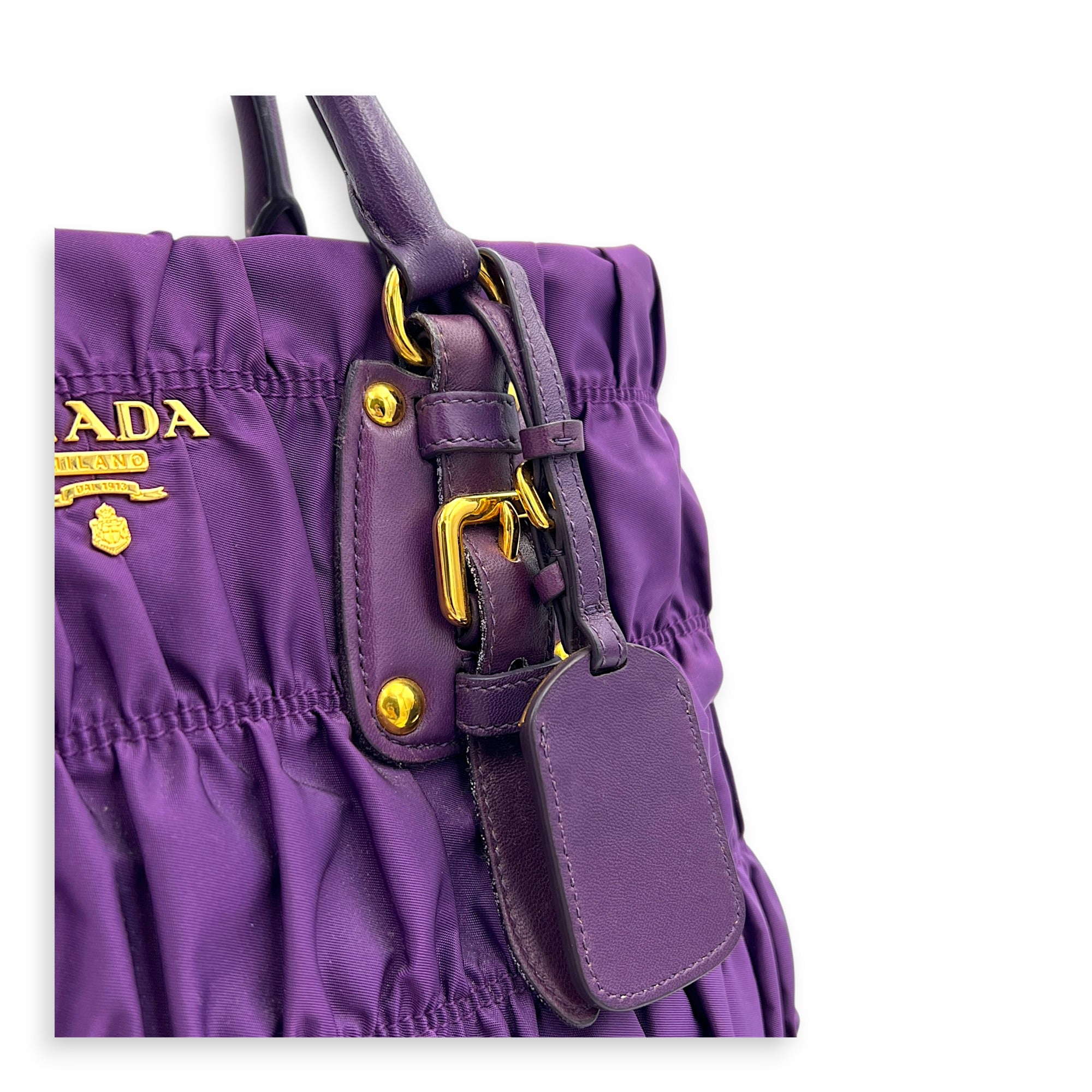 Gather Top Handle Bag Purple in Canvas, Gold hardware