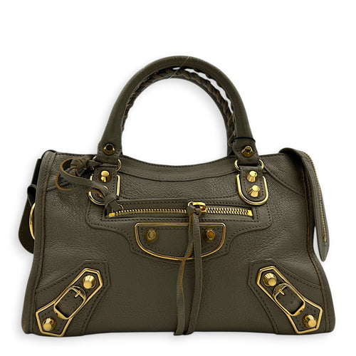City Top Handle Bag Grey in Calfskin, Gold hardware
