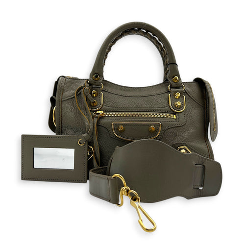 City Top Handle Bag Grey in Calfskin, Gold hardware