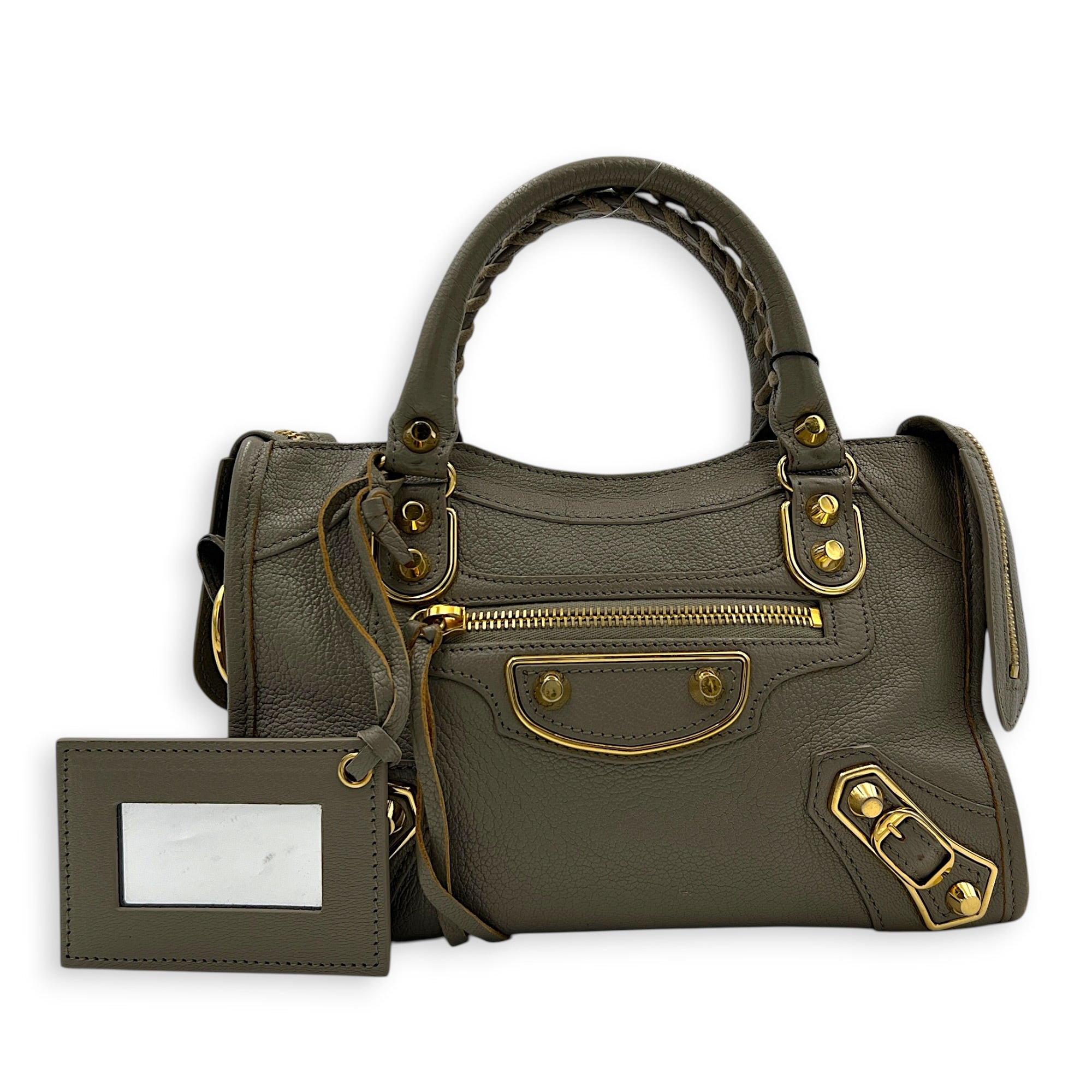 City Top Handle Bag Grey in Calfskin, Gold hardware