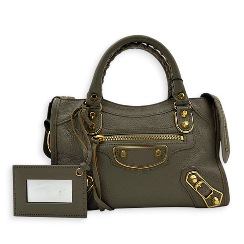 City Top Handle Bag Grey in Calfskin, Gold hardware