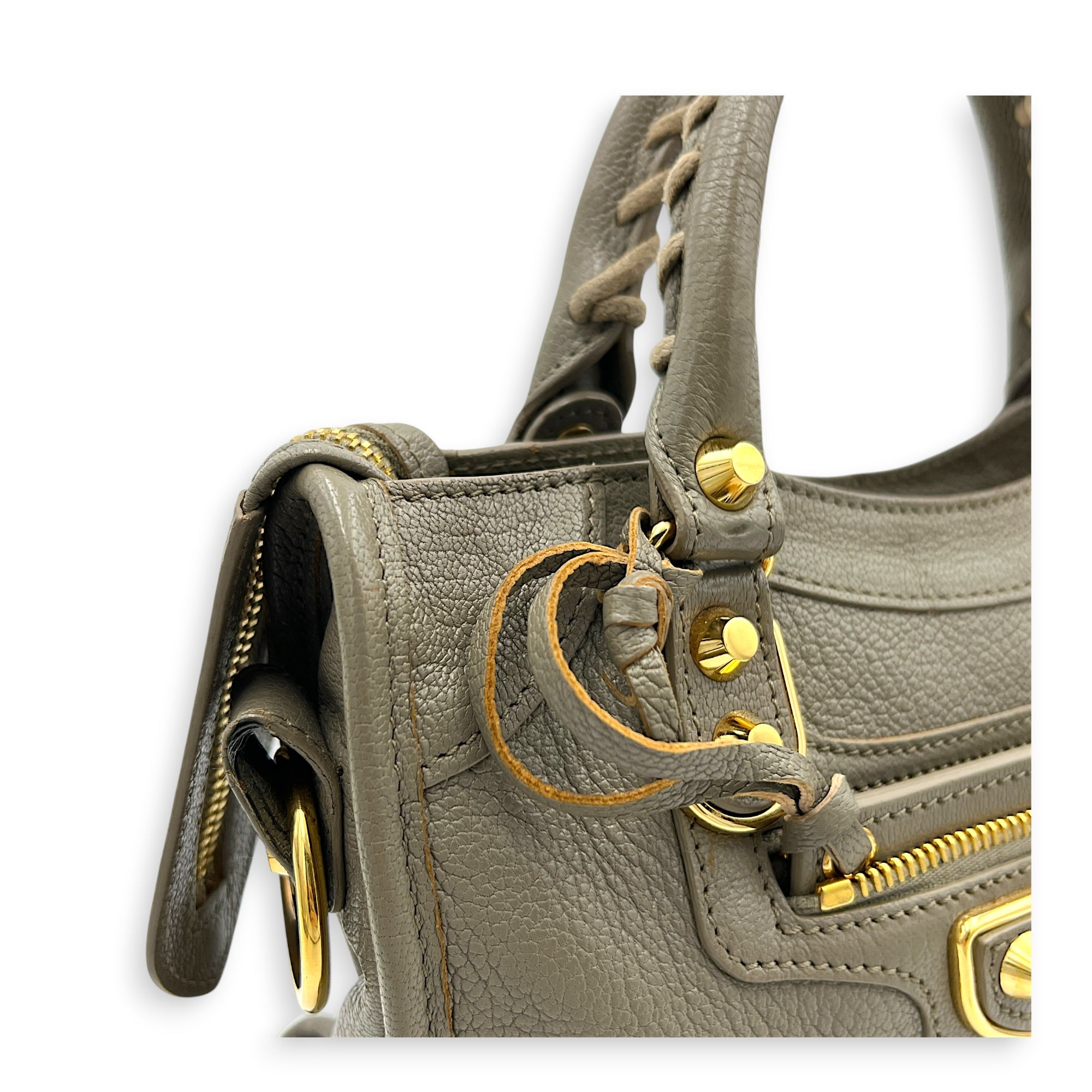 City Top Handle Bag Grey in Calfskin, Gold hardware