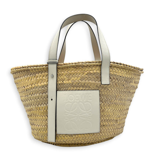 Anagram Basket Top Handle Bag Beige in Raffia, Silver hardware