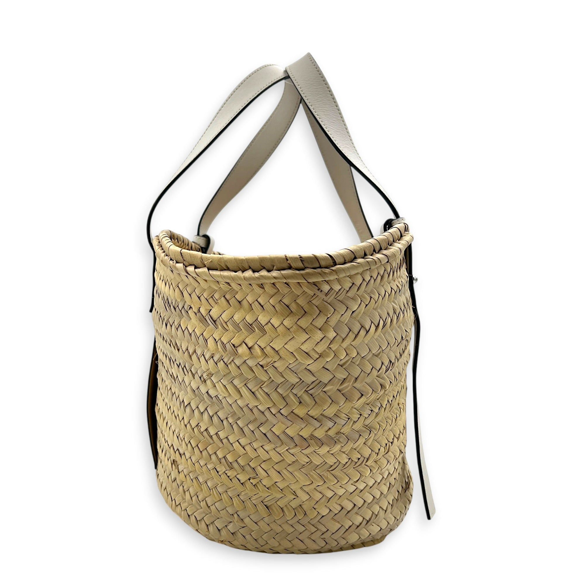 Anagram Basket Top Handle Bag Beige in Raffia, Silver hardware