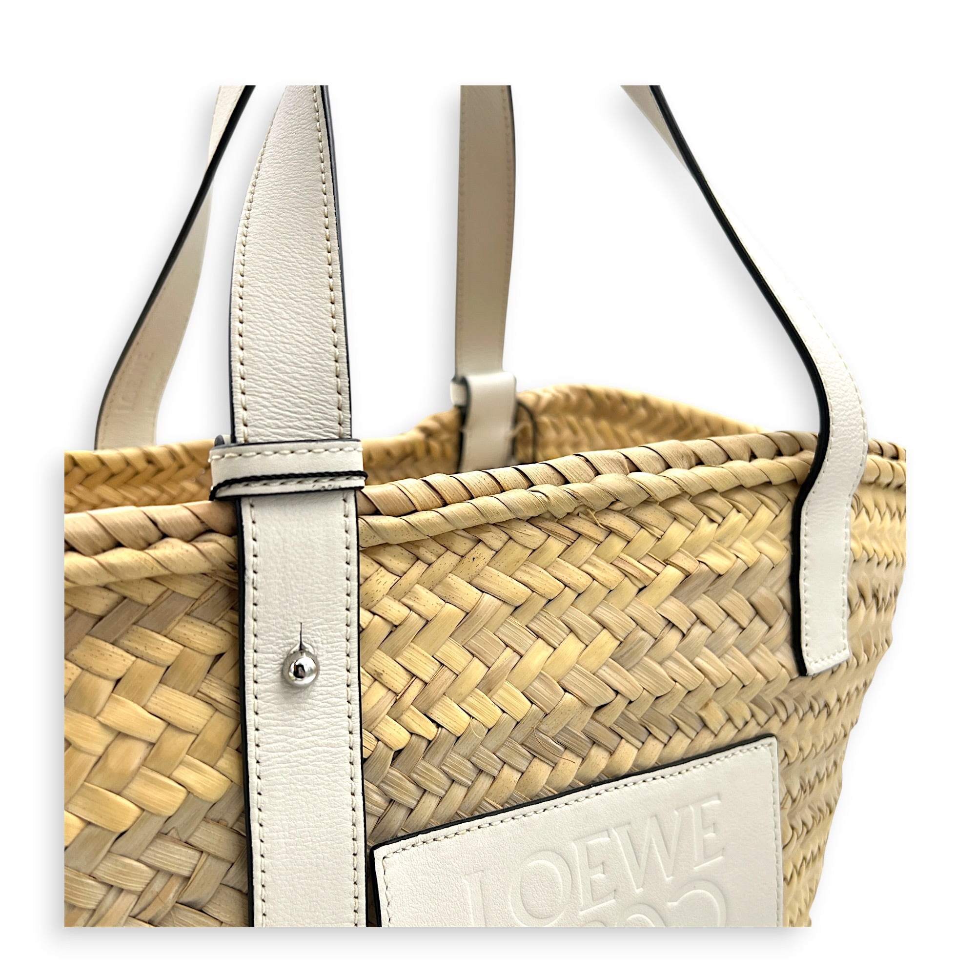 Anagram Basket Top Handle Bag Beige in Raffia, Silver hardware