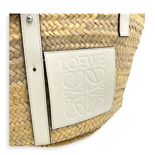 Anagram Basket Top Handle Bag Beige in Raffia, Silver hardware