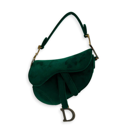 Saddle Shoulder Bag Green in Velvet, Gold hardware
