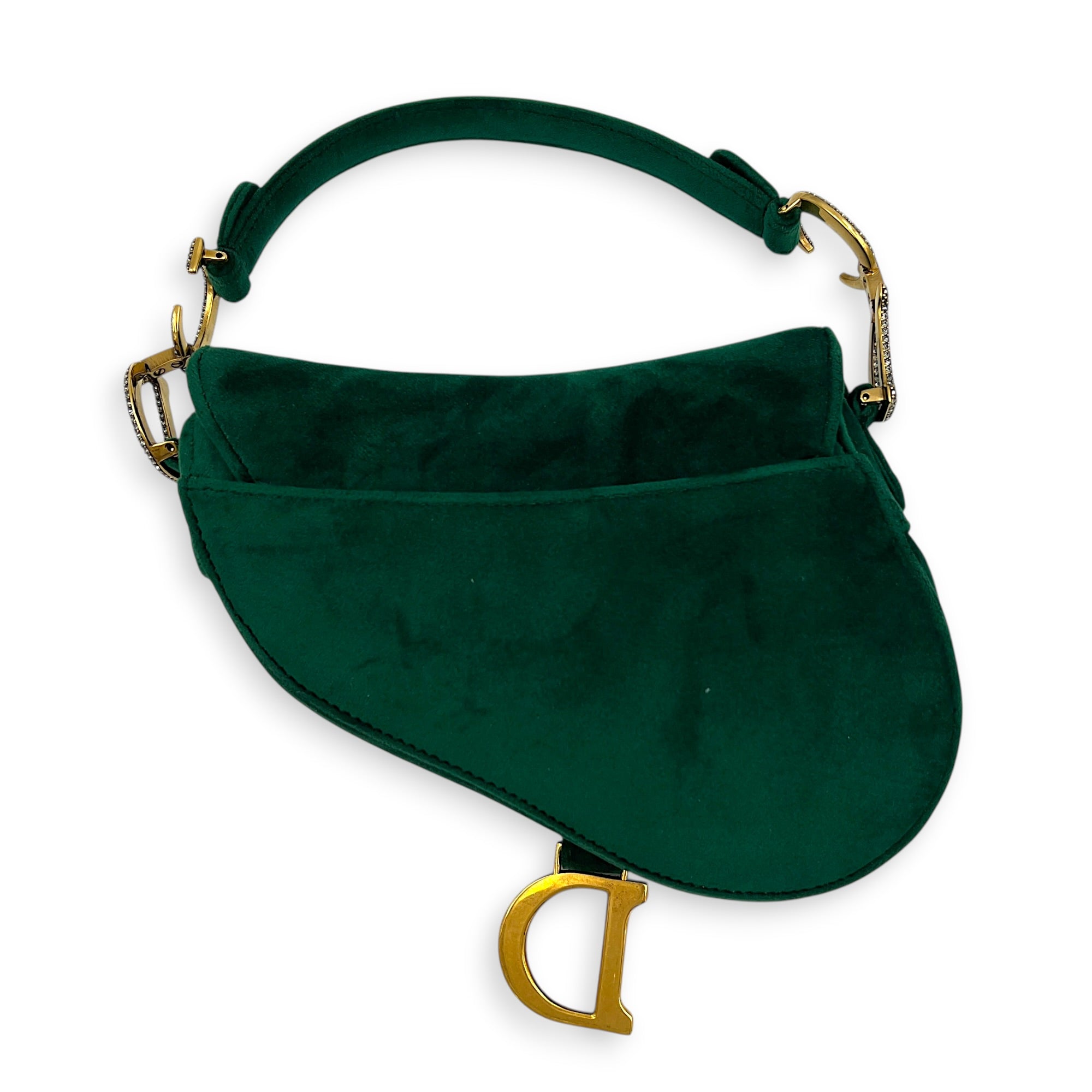 Saddle Shoulder Bag Green in Velvet, Gold hardware