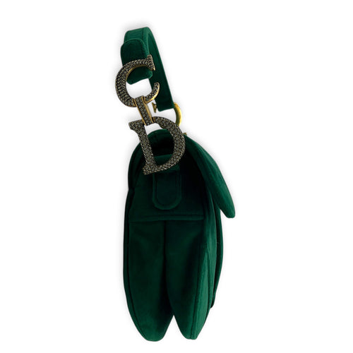 Saddle Shoulder Bag Green in Velvet, Gold hardware