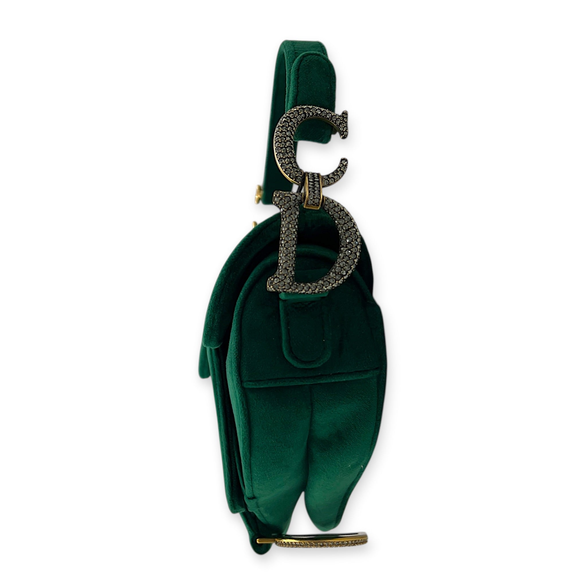 Saddle Shoulder Bag Green in Velvet, Gold hardware