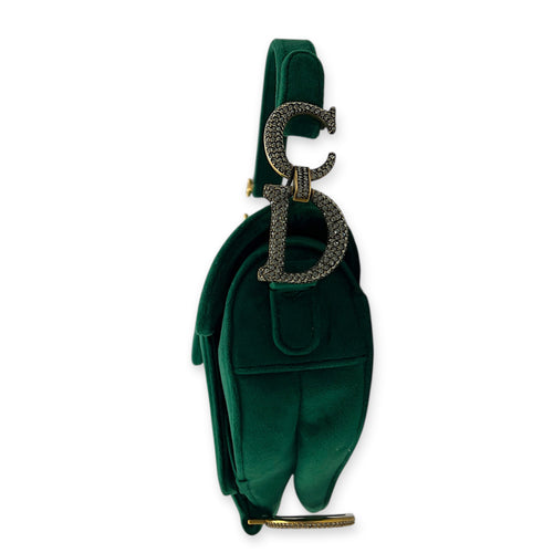 Saddle Shoulder Bag Green in Velvet, Gold hardware