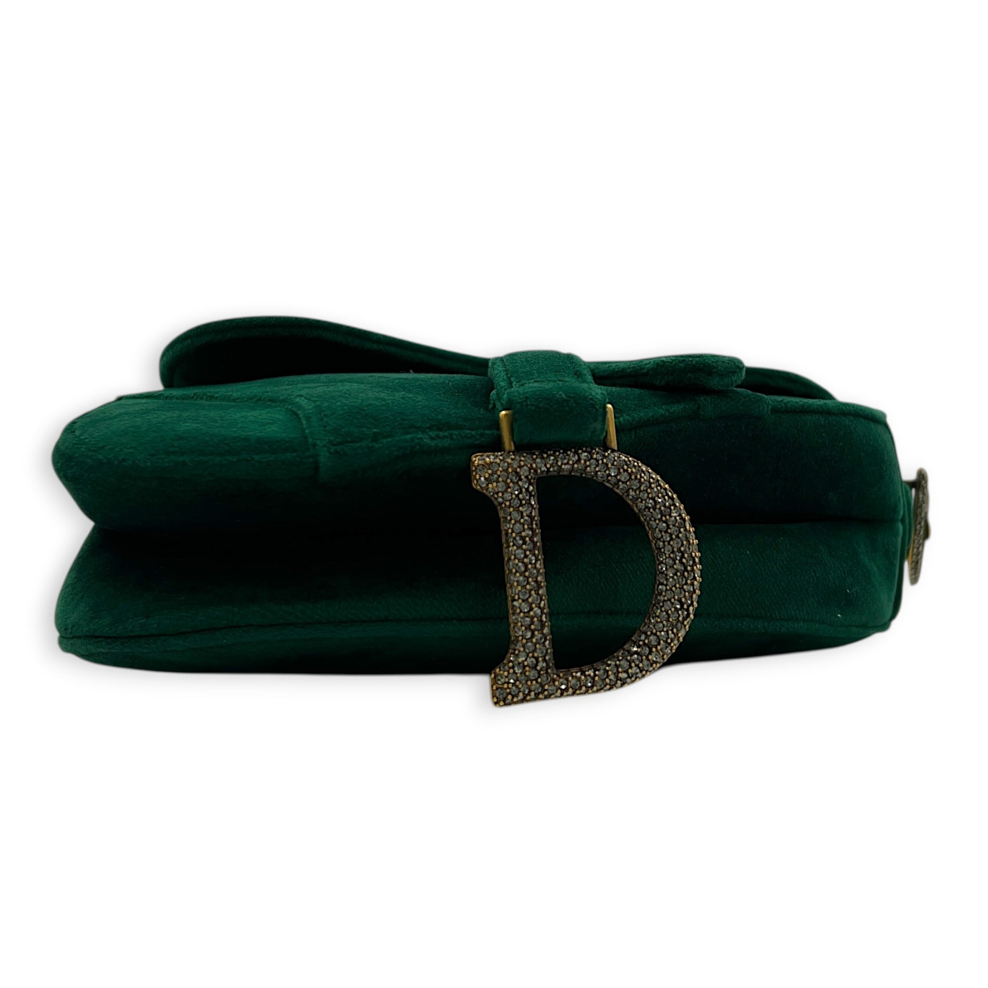 Saddle Shoulder Bag Green in Velvet, Gold hardware