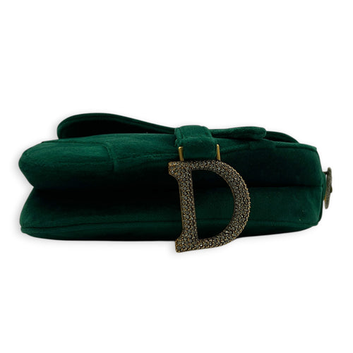 Saddle Shoulder Bag Green in Velvet, Gold hardware