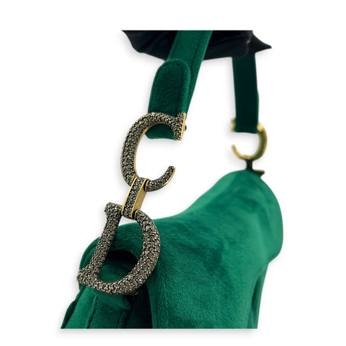 Saddle Shoulder Bag Green in Velvet, Gold hardware