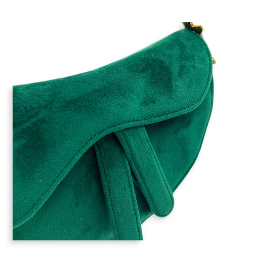 Saddle Shoulder Bag Green in Velvet, Gold hardware