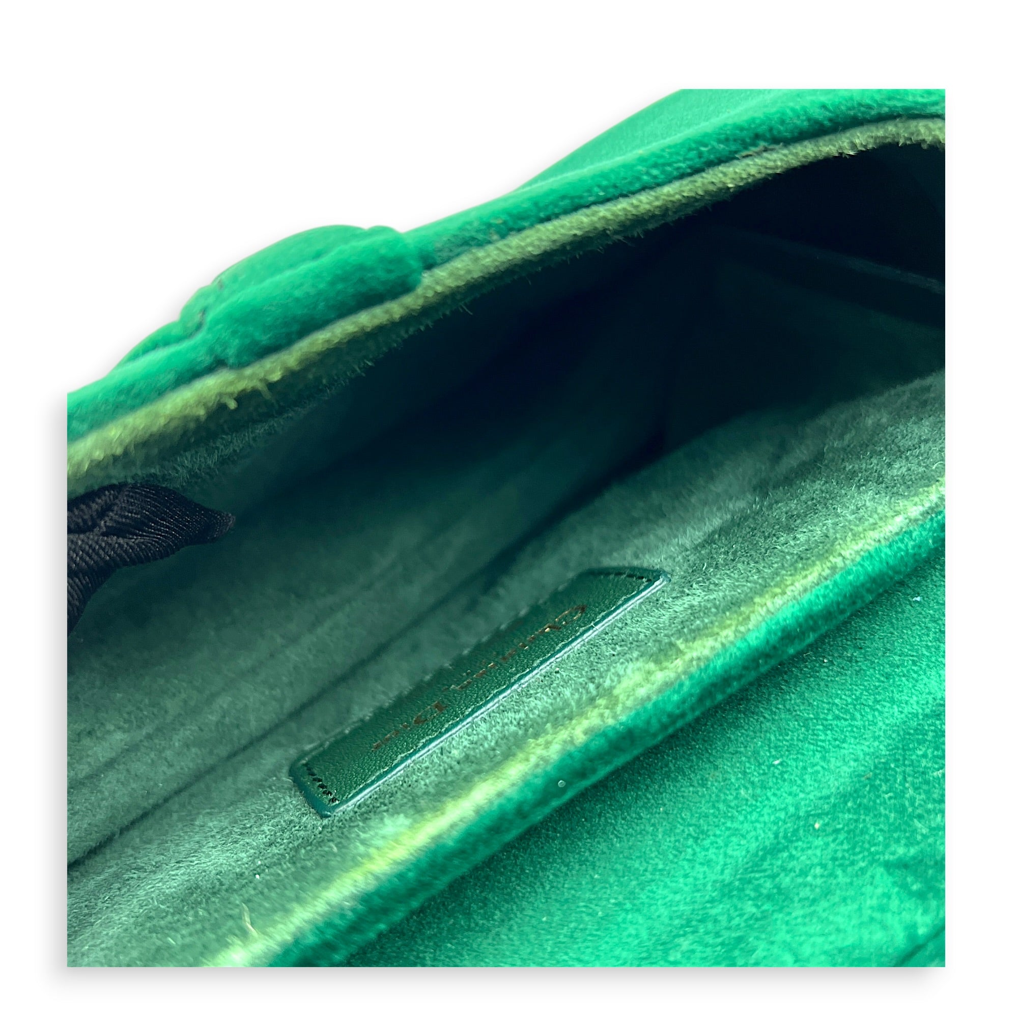 Saddle Shoulder Bag Green in Velvet, Gold hardware