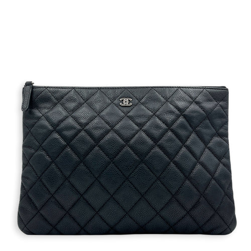 CC Black O Case Pouch in Caviar Leather, Silver hardware