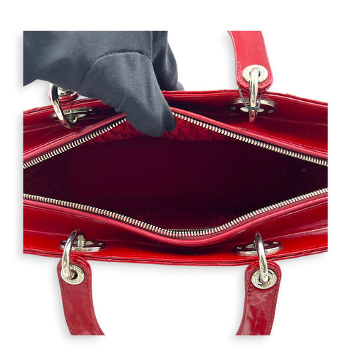 Lady Dior Top Handle Bag Large Red in Patent Leather, Silver hardware