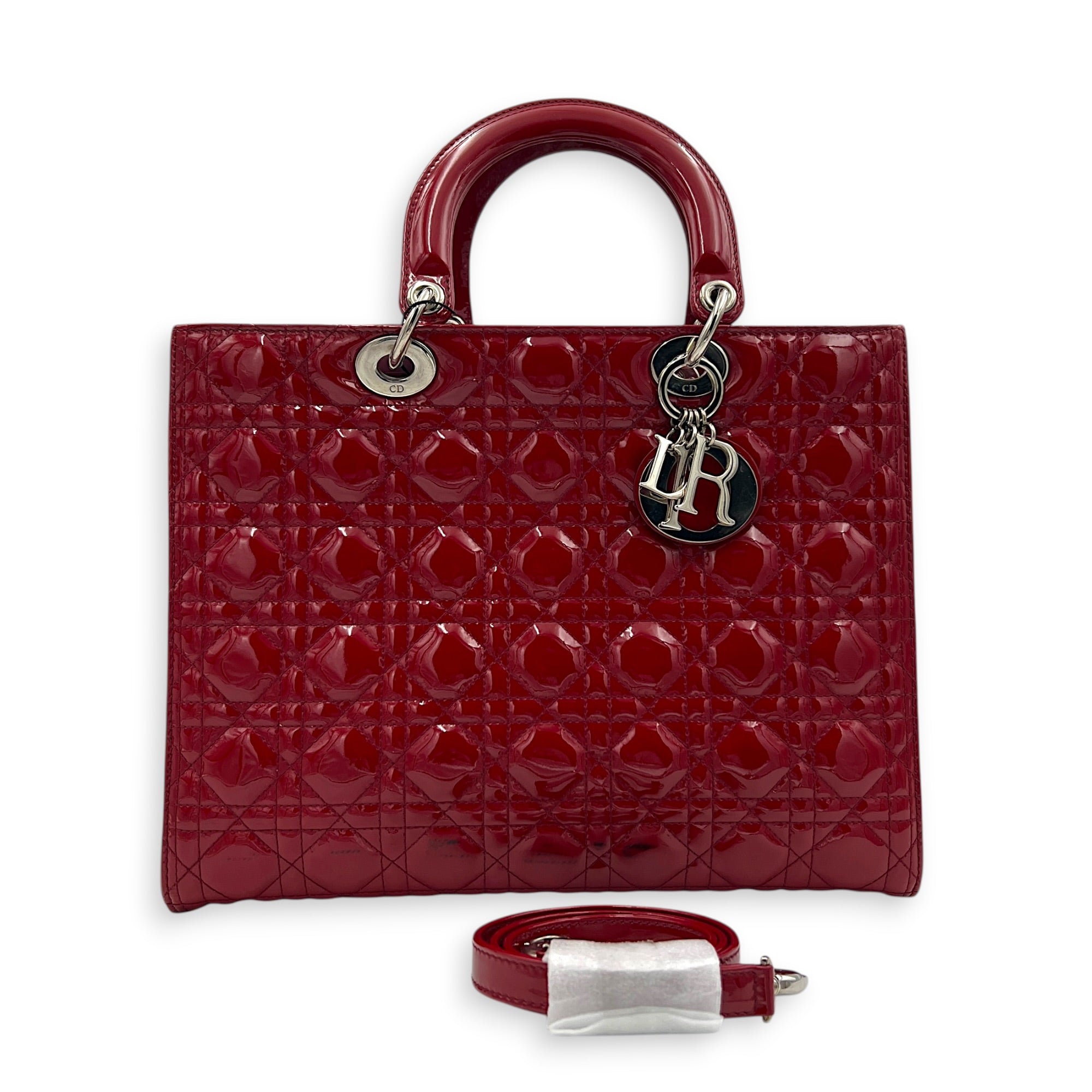 Lady Dior Top Handle Bag Large Red in Patent Leather, Silver hardware
