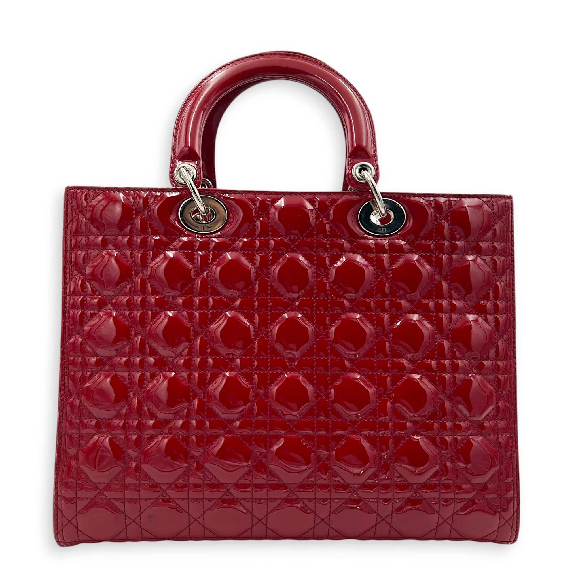 Lady Dior Top Handle Bag Large Red in Patent Leather, Silver hardware