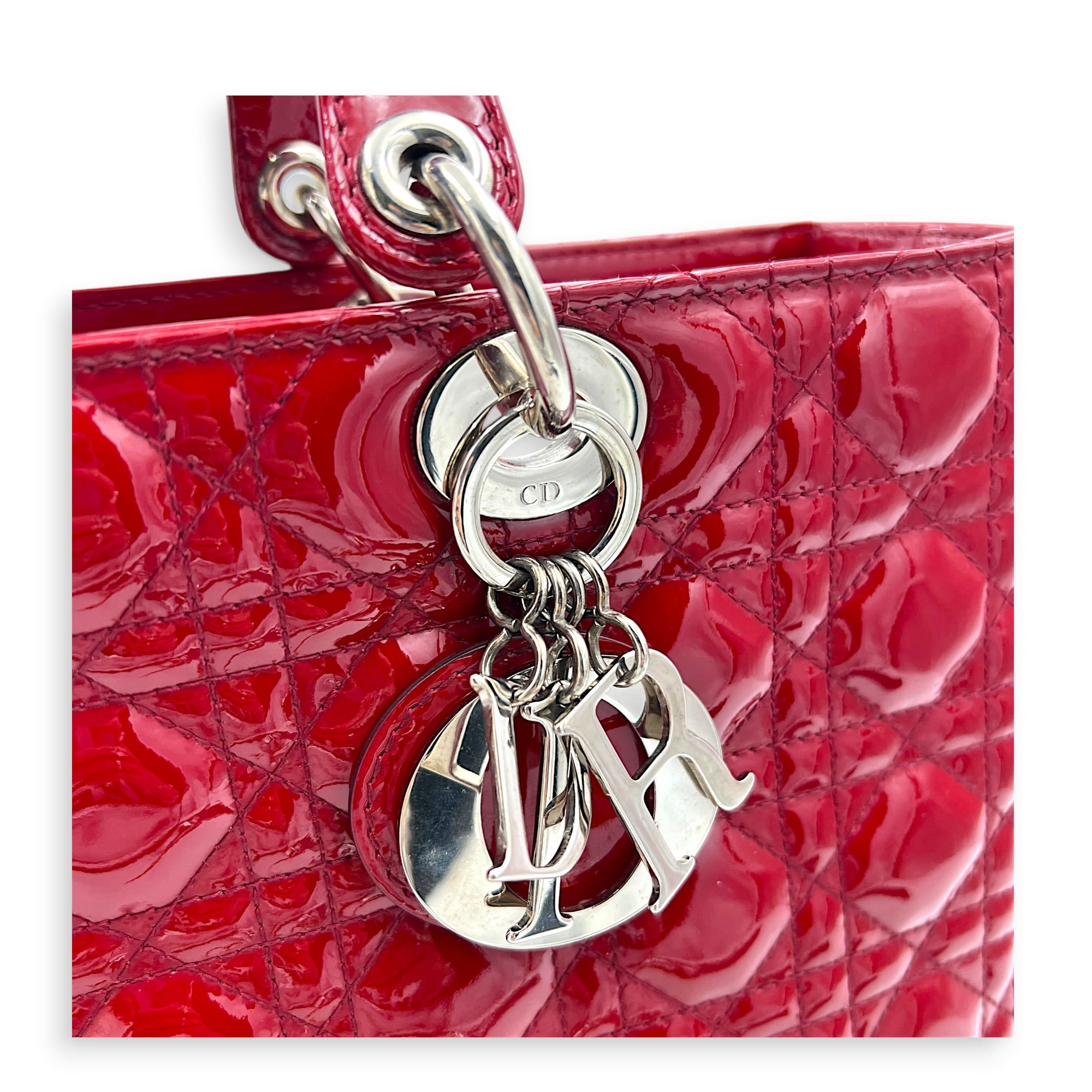 Lady Dior Top Handle Bag Large Red in Patent Leather, Silver hardware