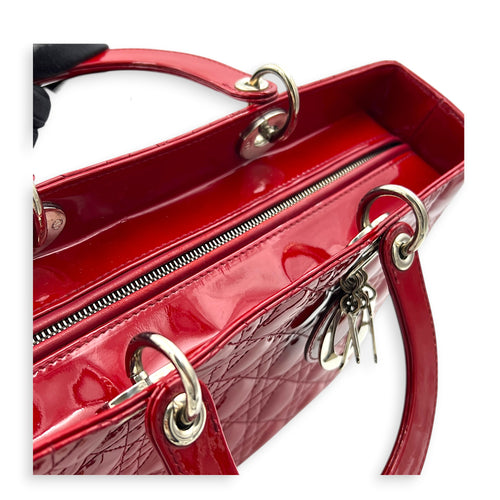 Lady Dior Top Handle Bag Large Red in Patent Leather, Silver hardware