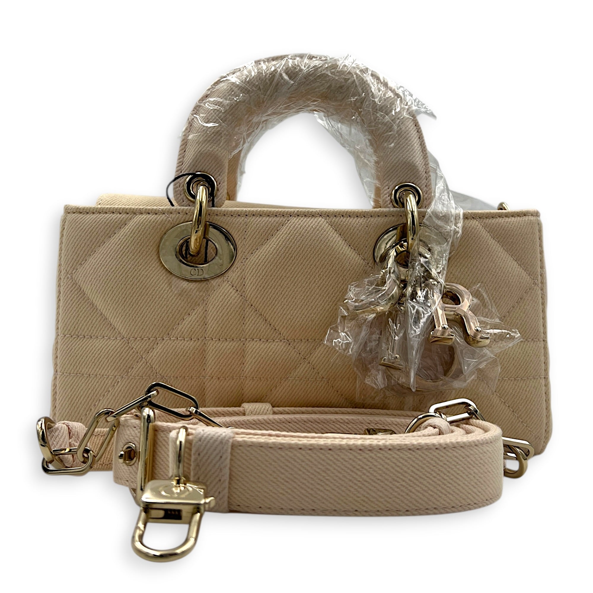 Lady D-Joy Small Beige Top Handle Bag in Canvas, Gold hardware