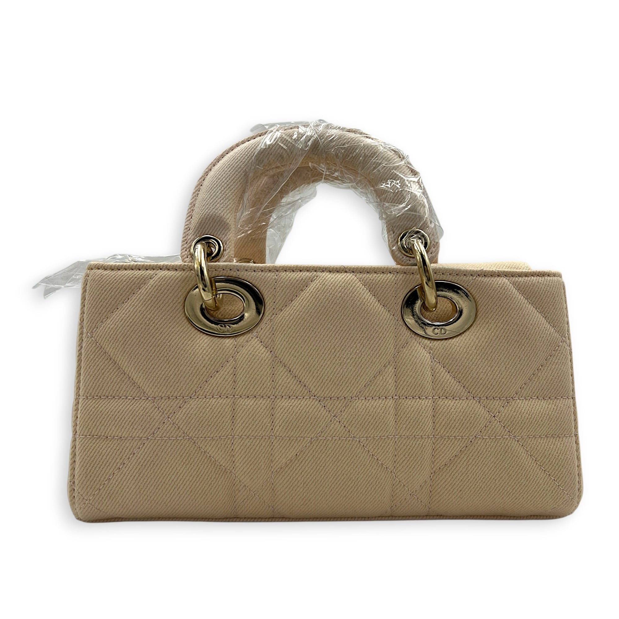 Lady D-Joy Small Beige Top Handle Bag in Canvas, Gold hardware