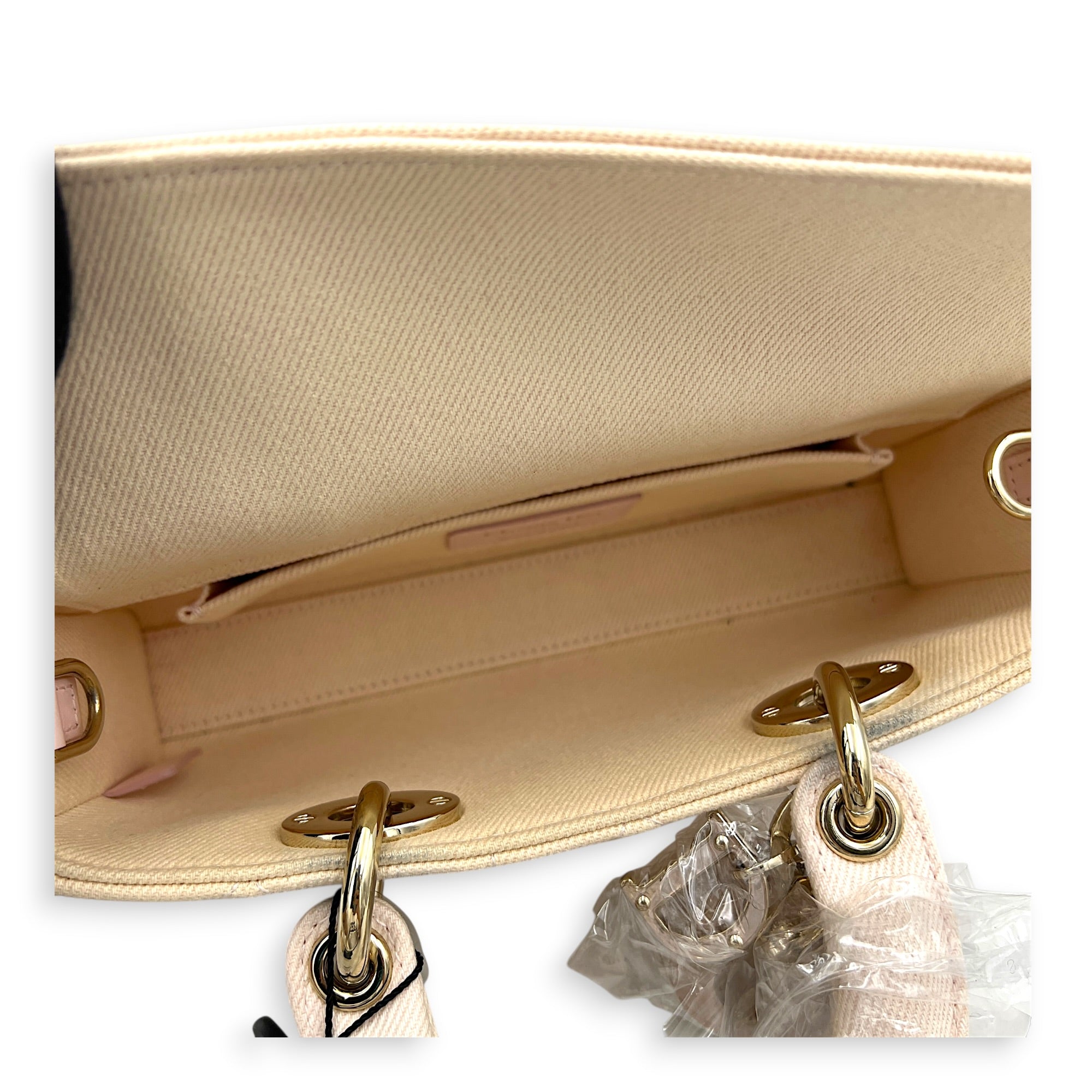 Lady D-Joy Small Beige Top Handle Bag in Canvas, Gold hardware